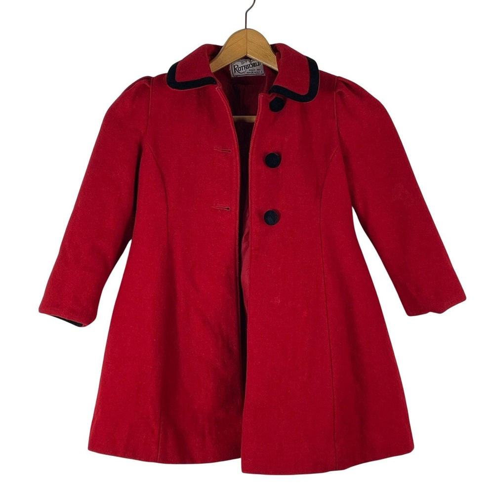 Vintage Rothschild Red Children's Wool Coat Black Trim Buttons Girl Size 5 READ